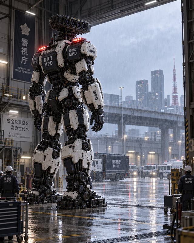 YouTube Thumbnail - Giant MPD Robot in Rainy Hangar — output