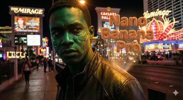 YouTube Thumbnail - Hyper-realistic portrait with vibrant green skin on the Las Vegas Strip — output