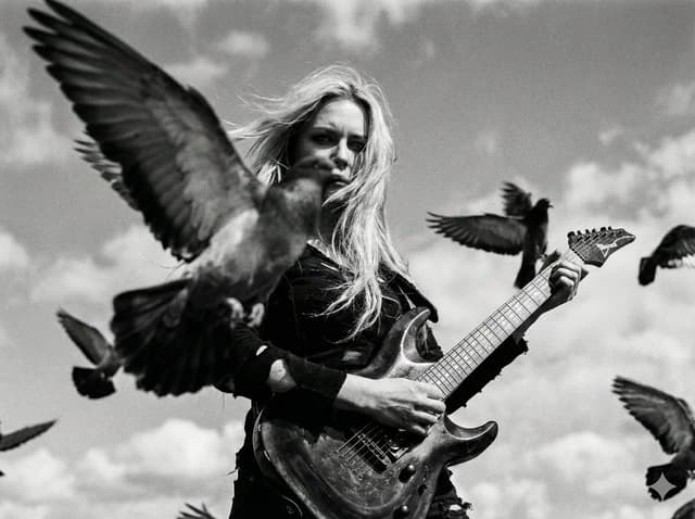 Cinematic Black and White Photo of Woman with Guitar and Pigeons — output