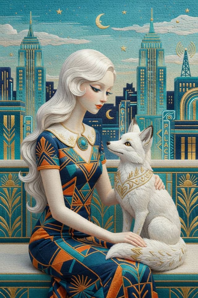 Highly detailed 3D Art Deco embroidery of an elegant young woman and a white fox — cover