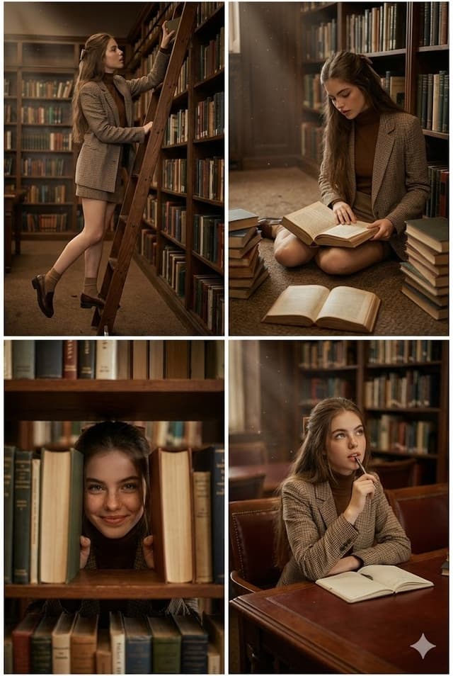 Dark Academia Library Multi-Panel Grid for Identity Preservation — output