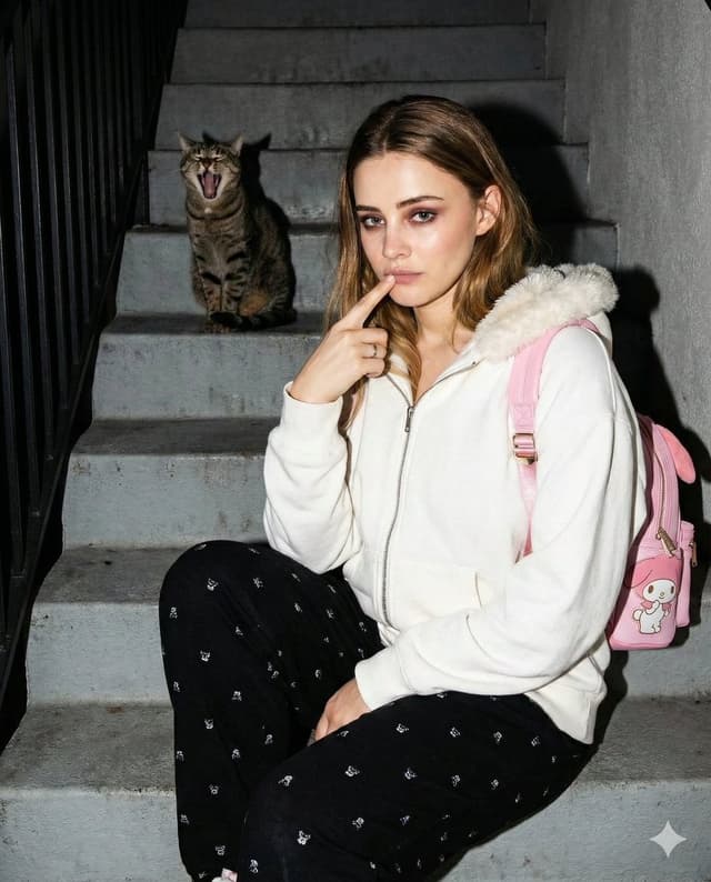 Candid Gen Z Street Style Photo with Hidden Cat — output