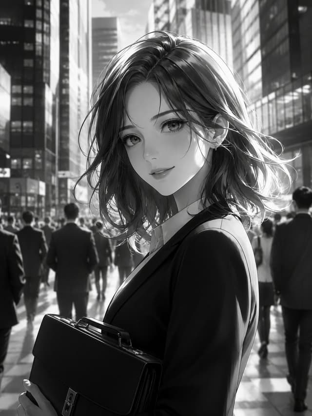 Comic / Storyboard - Monochrome Anime Businesswoman City Portrait — output