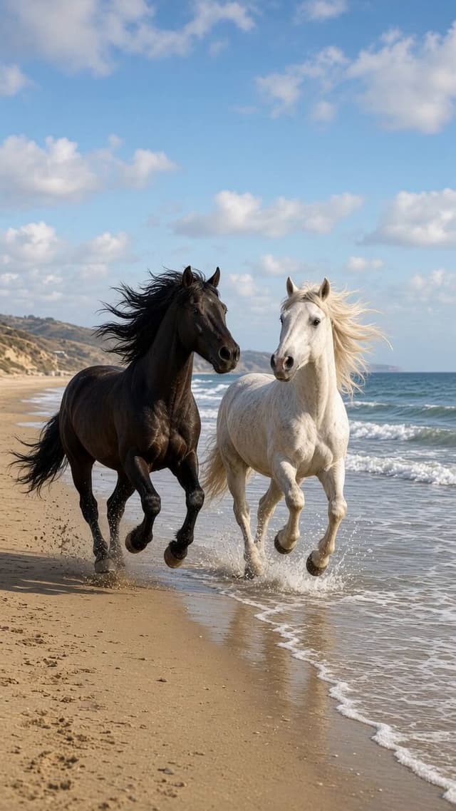 Horses Running on Beach with Tug Boat