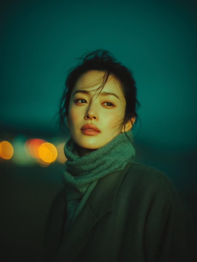 Cinematic Night Portrait with Teal-Green Grading — output