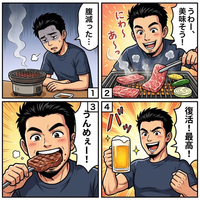 Color comic of a character getting energized by barbecue — output