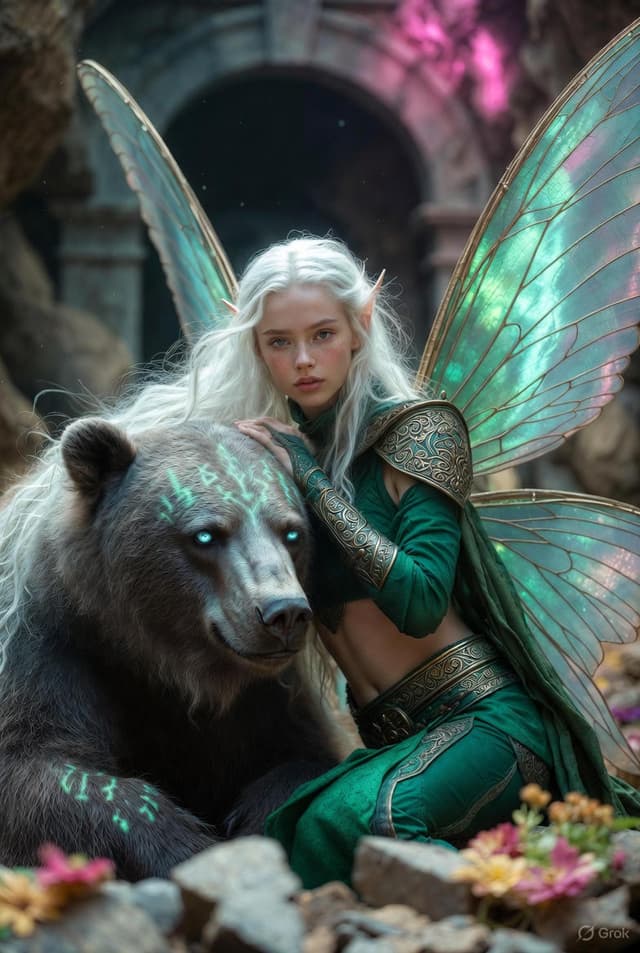 Game Asset - Photorealistic Fantasy Scene: Fairy and Muscular Bear in Cavern — output