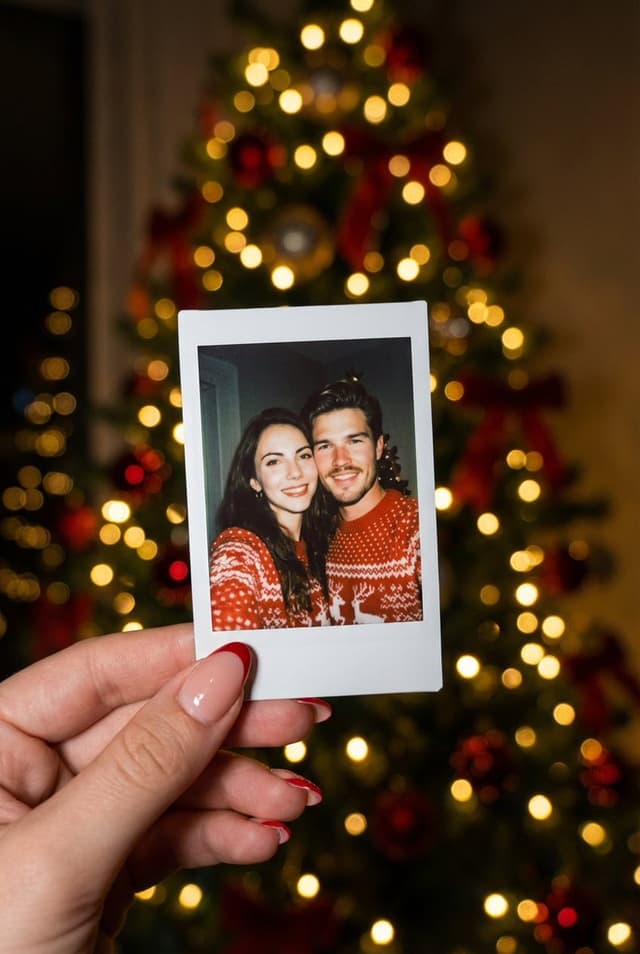 Photorealistic Polaroid Couple Selfie with Christmas Bokeh — output