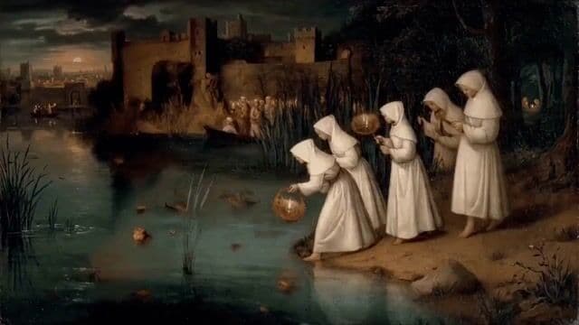Women Placing Glowing Lanterns on Water in Hieronymus Bosch Style — cover