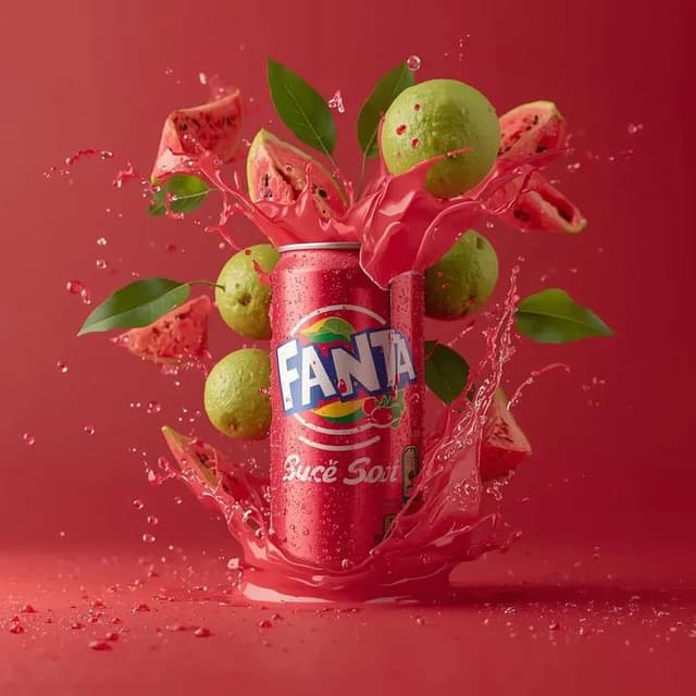 Exploding Fanta Goiaba Soda Can Product Shot — output
