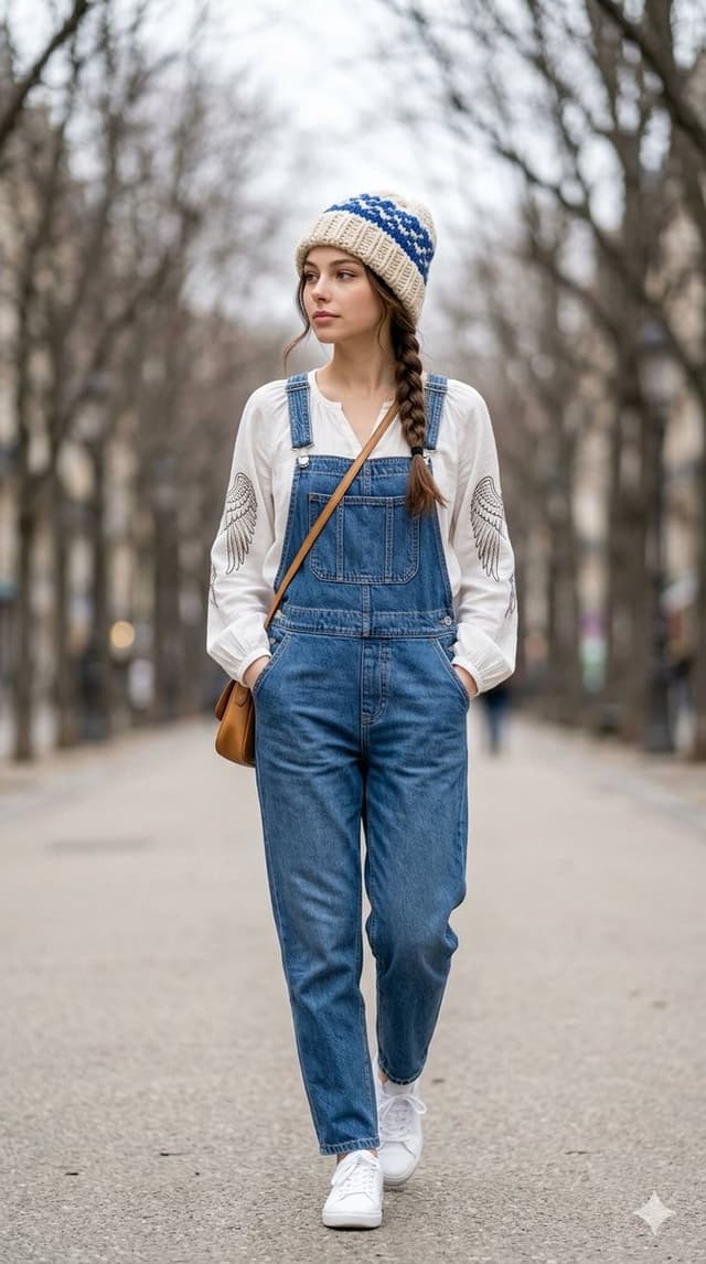 Street Fashion Walk in Denim Overalls — output