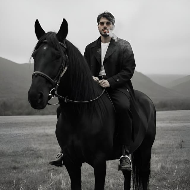 Cinematic Black and White Portrait Prompt of Man with Horse and Cigar — output