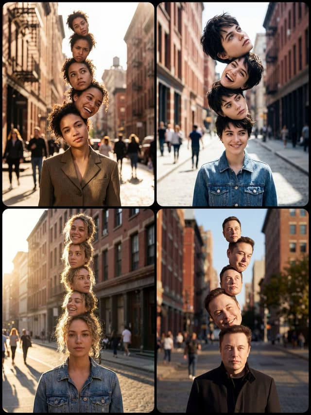 Social Media Post - Surreal Portrait with Stacked Heads in City Street — output