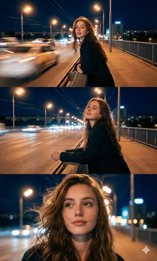 Cinematic Triptych Portrait in a Night City Setting — output