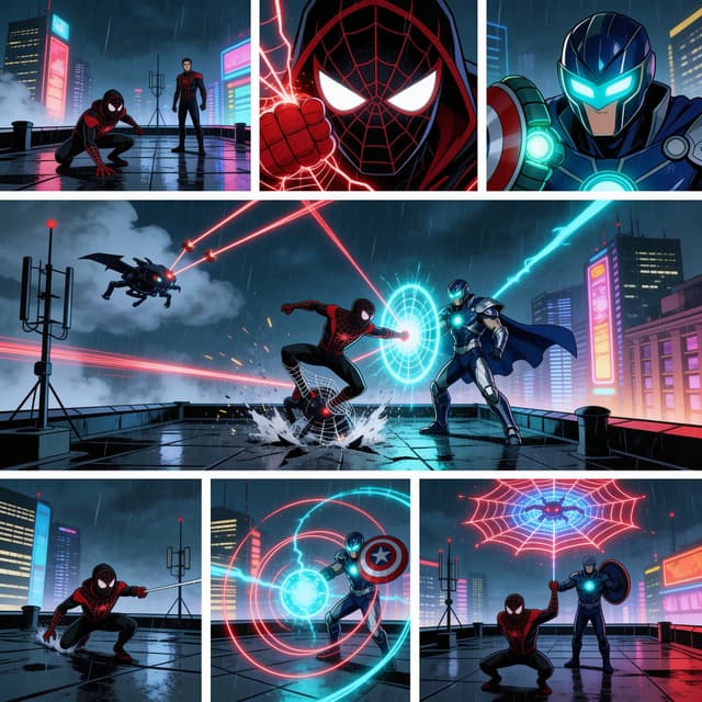 Comic / Storyboard - Rainy Cyberpunk Superhero Comic Page — output