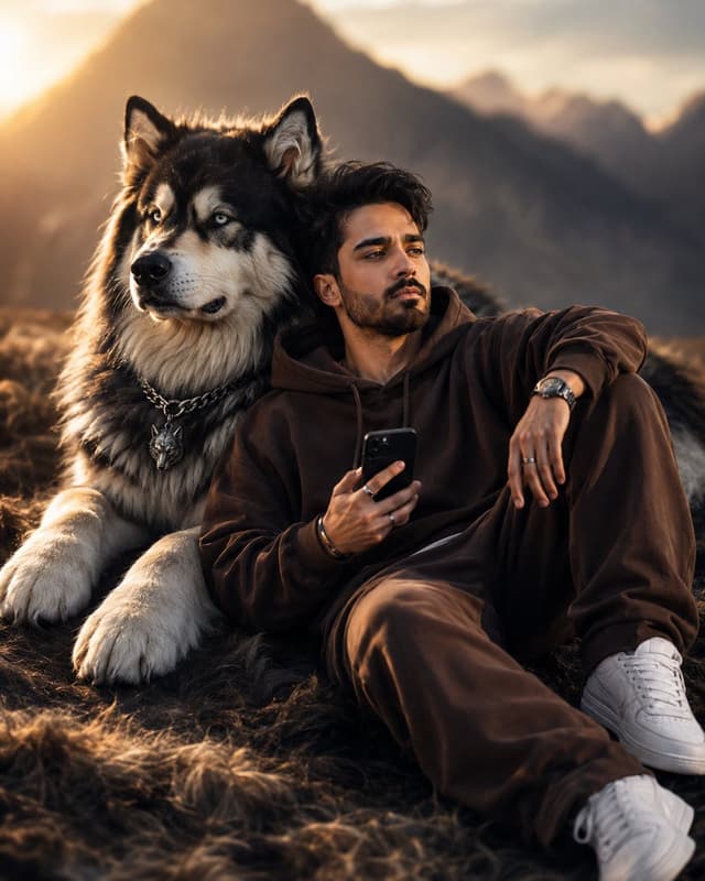 Product Marketing - Cinematic Man and Giant Wolf Companion — output