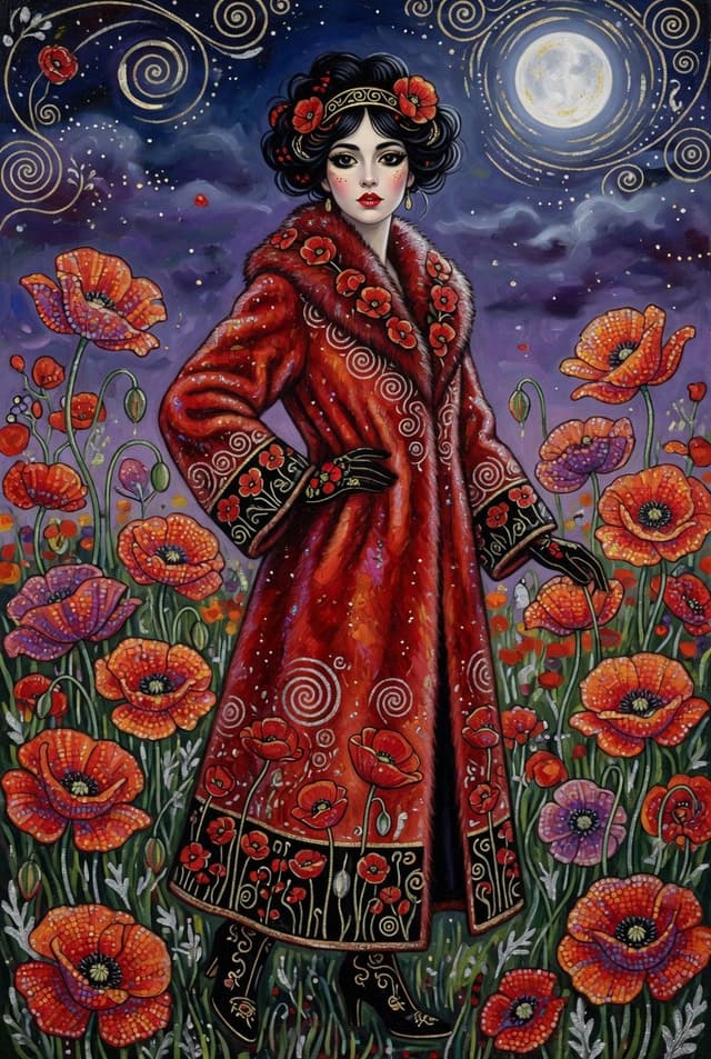 Elegant woman in red fur coat under moonlight — cover
