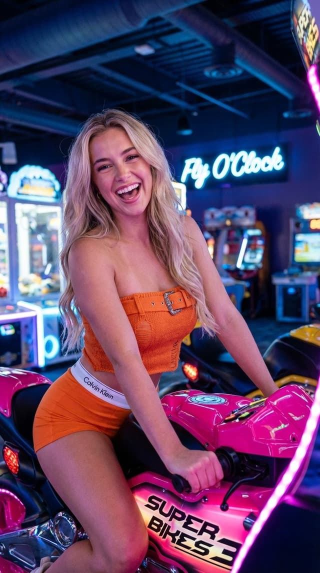 Vibrant Arcade Portrait with Orange Outfit and Neon Lights — output