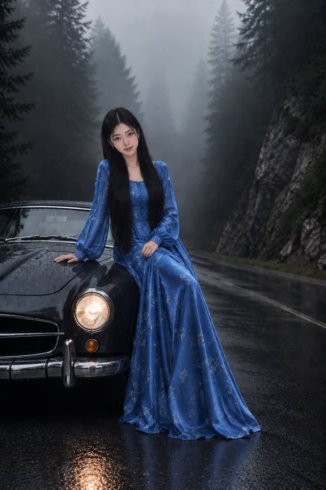Social Media Post - Korean Girl on Vintage Car in Misty Mountains — output