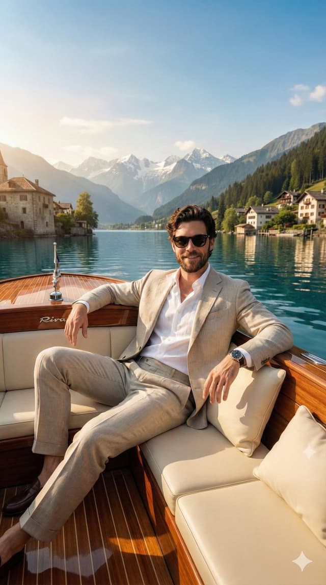 Luxury Boat Alpine Lake Editorial Photo Prompt — output