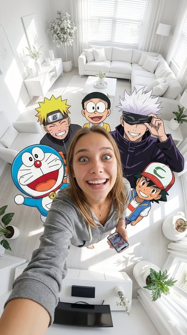 Fisheye selfie with anime characters — output
