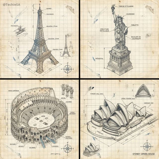 Hand-drawn isometric landmark schematic — output