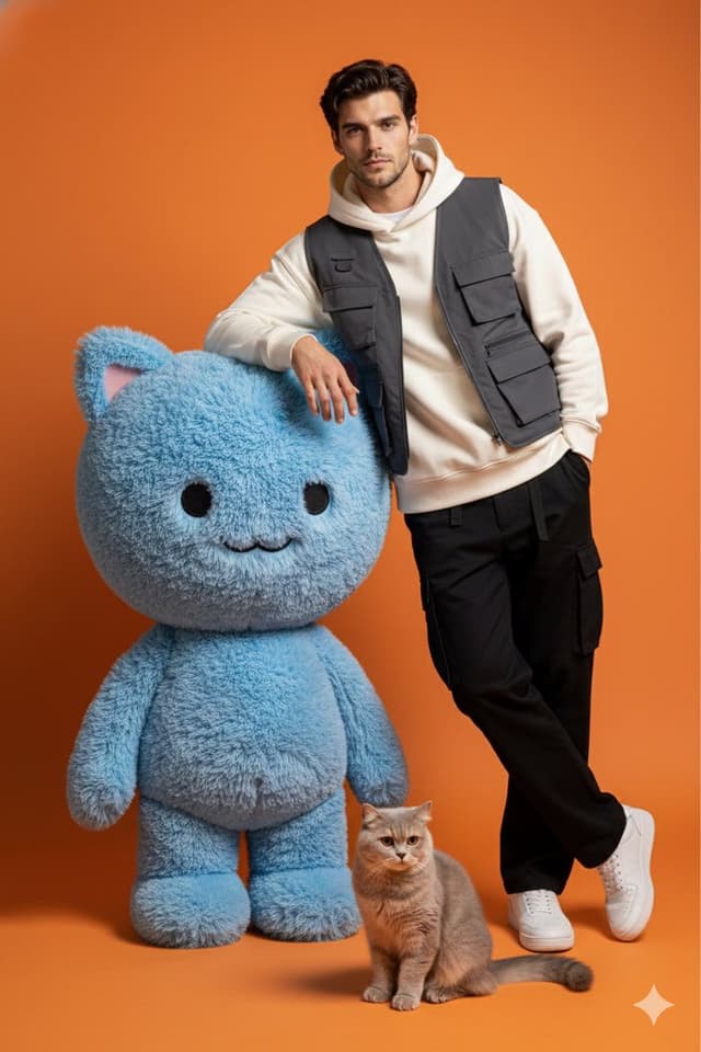 Gen-Z Fashion Studio Shoot with Labubu and Cat — output
