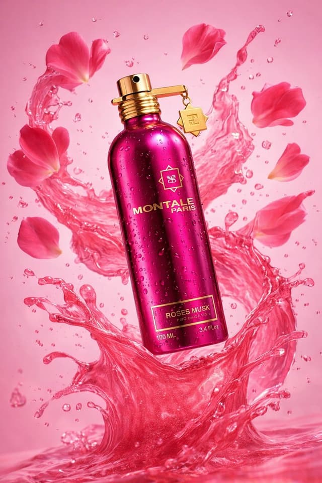 E-commerce Main Image - Luxury Product Photography of Perfume Bottle with Floating Flowers — output