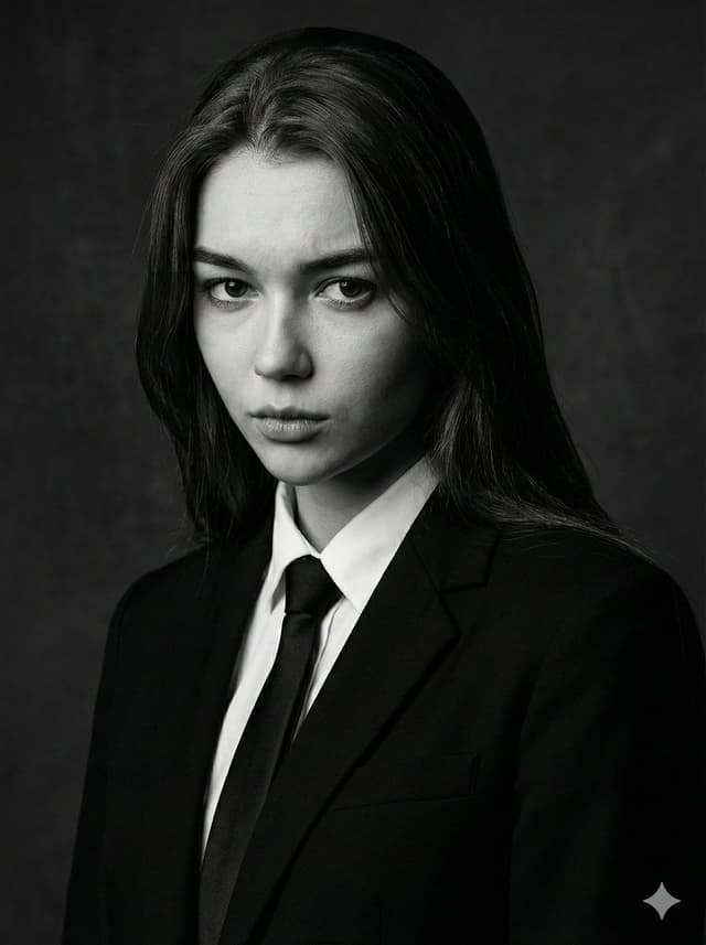Cinematic black-and-white portrait of a woman — output