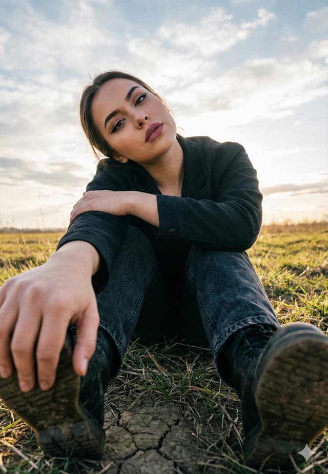Cinematic Low Angle Portrait in a Dry Field — output