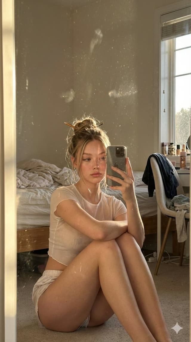 Profile / Avatar - Candid Golden Hour iPhone Mirror Selfie in a Messy Bedroom — output