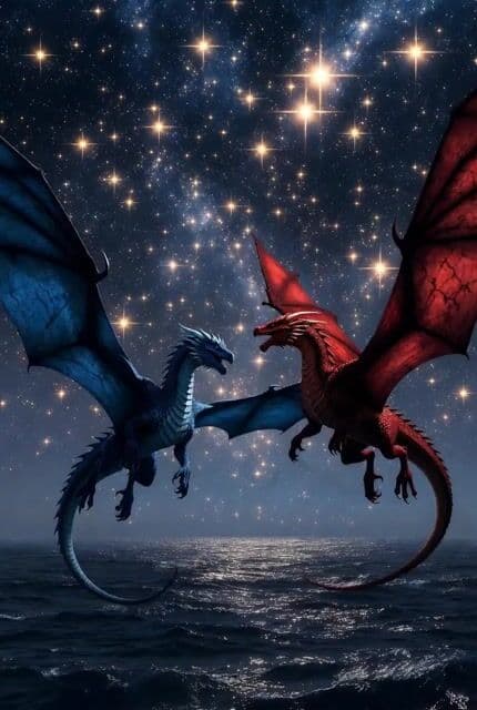 Flying dragons over ocean — cover