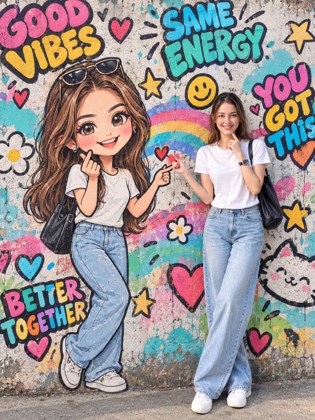 Social Media Post - Real Woman with Giant Chibi Graffiti Mural