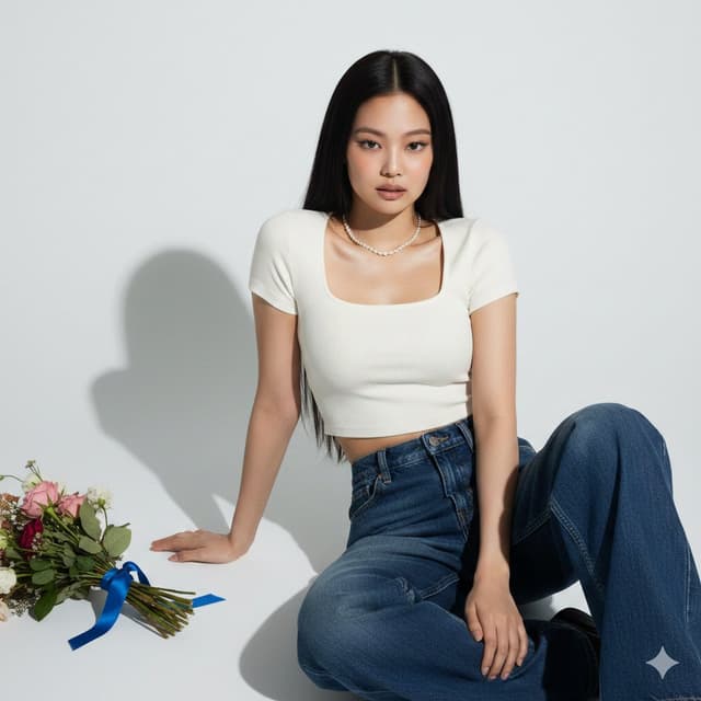 Product Marketing - Hyper-realistic portrait of Jennie Kim in a minimalist studio setting — output