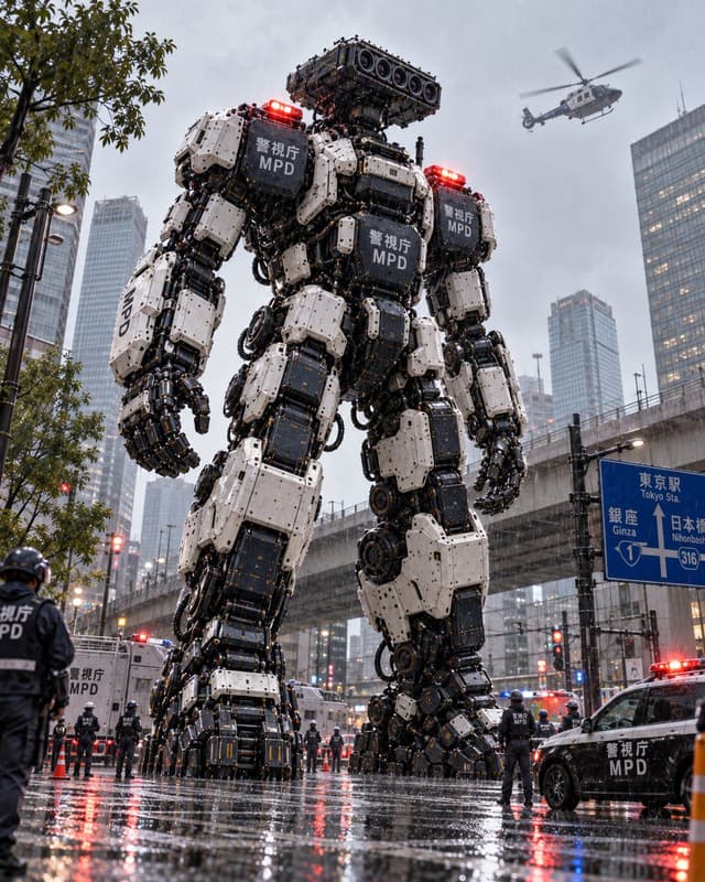 YouTube Thumbnail - Colossal MPD Robot in Rainy Tokyo