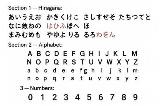 A clean white screen displaying three sections of characters — cover