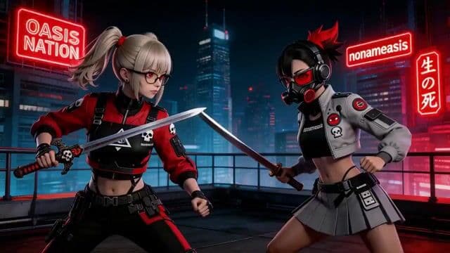 Dynamic Sword Fight on a Neon-Lit Rooftop — cover