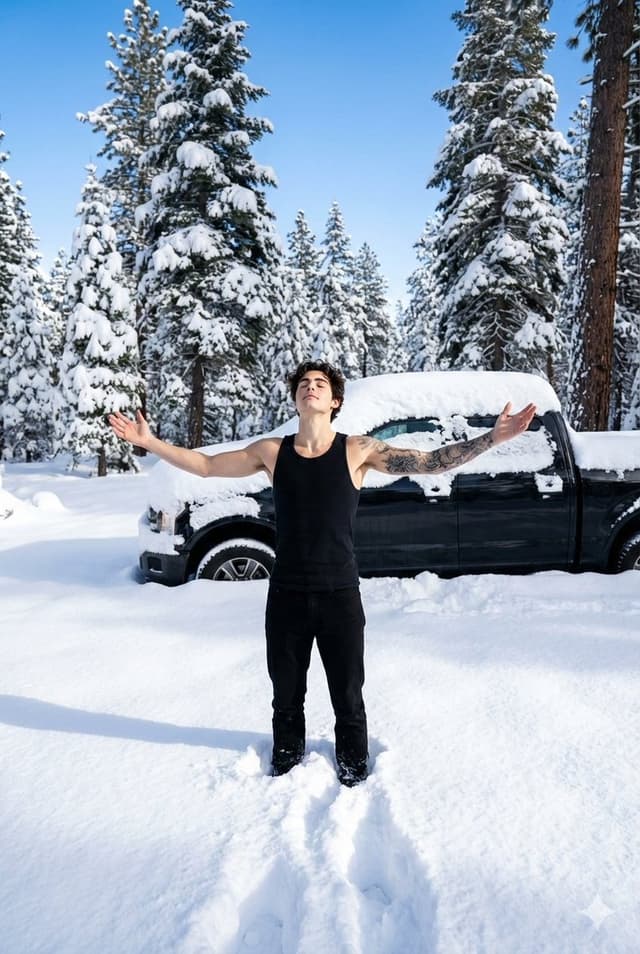 Cinematic Winter Forest Portrait of Man in Snow — output
