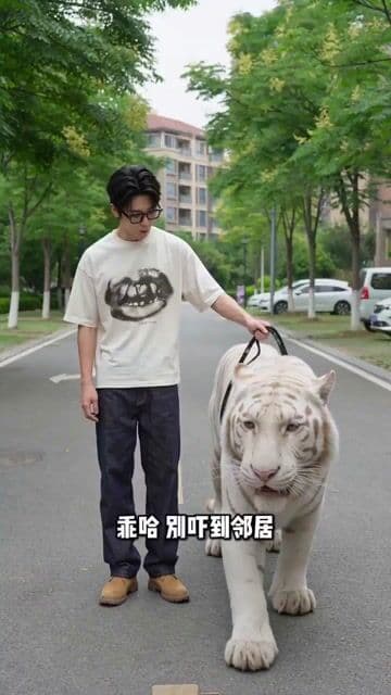 Man Walking Tiger and Teacup Poodle Skit Video Prompt — cover