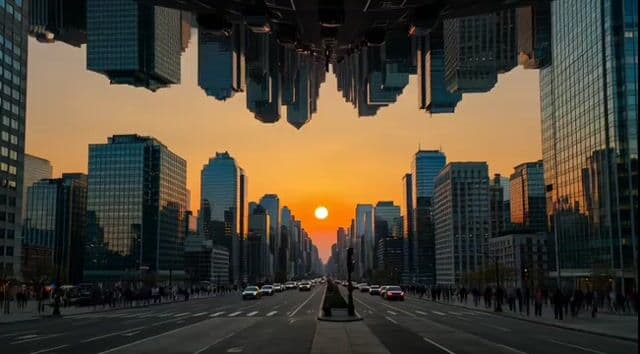 Grok Imagine prompt: A second city hangs upside down above a real one — cover
