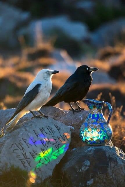 Crows on a rock with Celtic runes and glass mosaic jug — cover