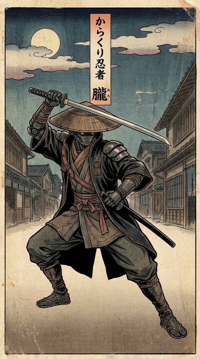 Edo-style woodblock print ninja character — output