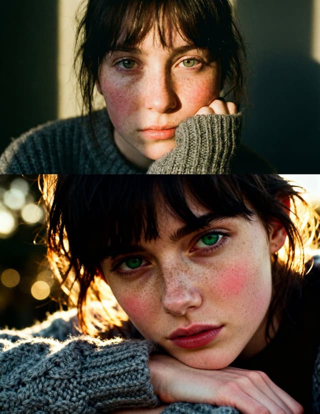 Cinematic close-up portrait with green eyes and knit sweater — output