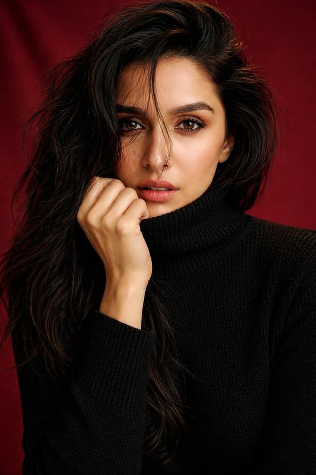 Shraddha Kapoor Black Turtleneck Studio Portrait Prompt — output
