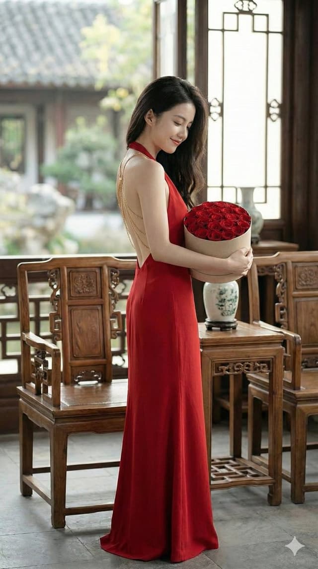Romantic Opulence Portrait Prompt (Red Dress) — output