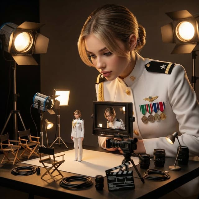 Cinematic Studio Scene of Woman Supervising Miniature Self — output