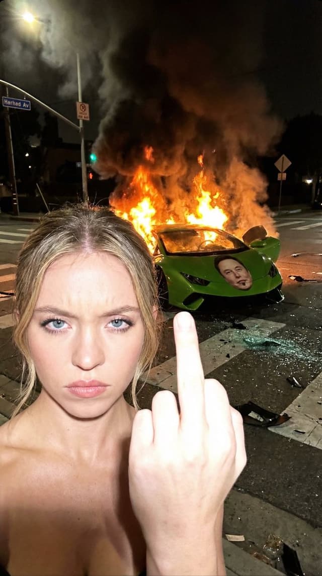 Gritty Night Photo of Woman Flipping Off Camera with Burning Lamborghini — output