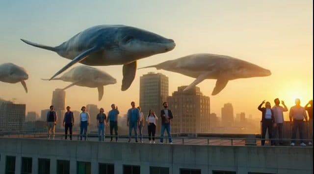 Surreal Cinematic Whales Flying Over a City at Sunrise — cover