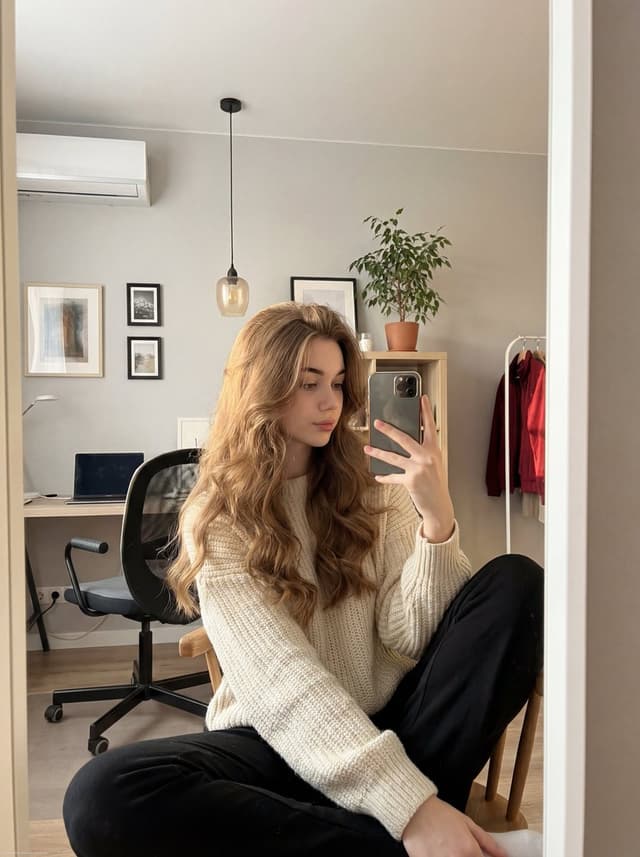 Profile / Avatar - Realistic mirror selfie of a young woman in a cozy cream sweater — output