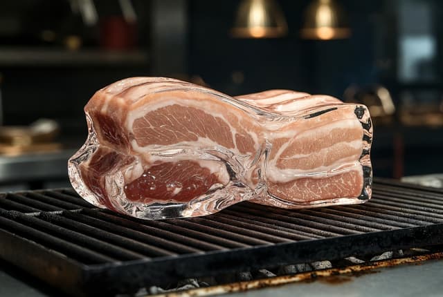 Hyperrealistic glass pork belly on a grill — output
